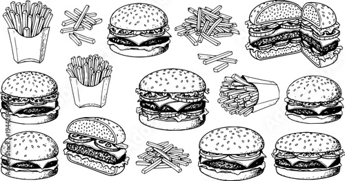 Collection of Hand-Drawn Hamburgers and French Fries