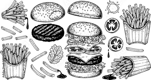 Collection of Hand-Drawn Hamburgers and French Fries