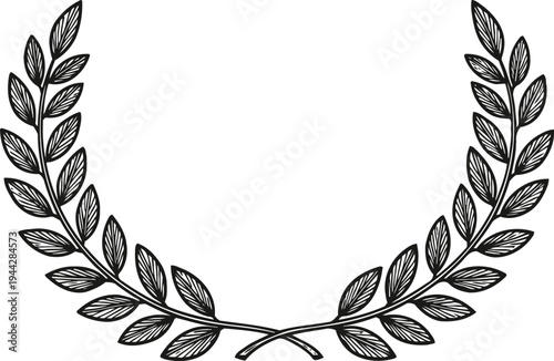 Elegant hand drawn laurel wreath with detailed leaves, decorative vintage botanical design element