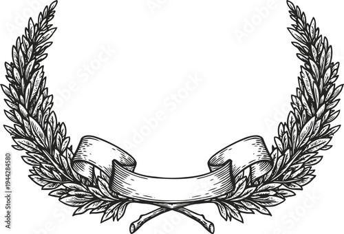 Vintage laurel wreath with ribbon banner hand drawn decorative floral frame for emblem or award design