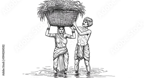 Rural Farmers Man And Woman Carrying Harvested Crops In Water Traditional Agriculture Teamwork Livelihood