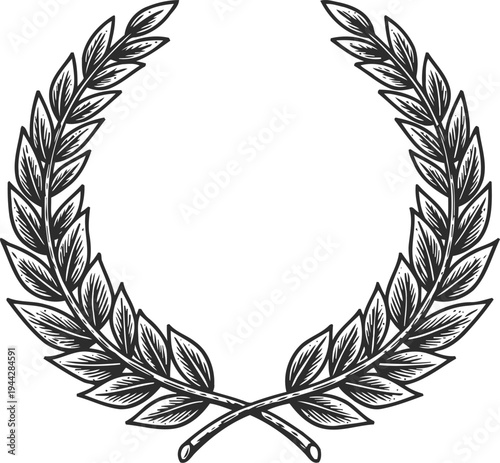 Laurel wreath icon with detailed leaves, vintage classical design symbol of victory and achievement