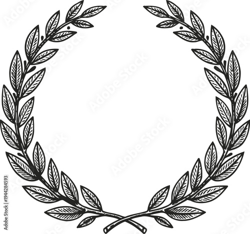 hand drawn laurel wreath frame with detailed leaves, decorative circular floral border design