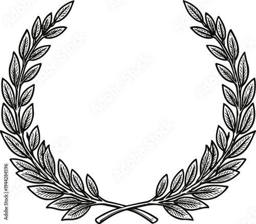 Classic laurel wreath illustration with detailed leaves in black and white elegant design