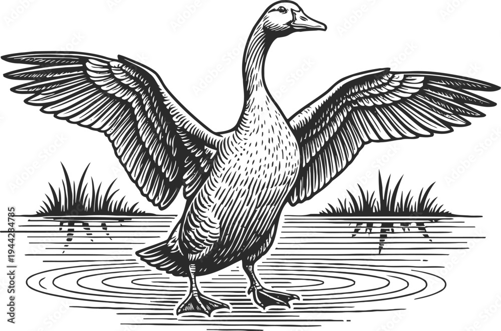 Fototapeta premium Goose standing in water with wings spread, detailed black and white vintage illustration