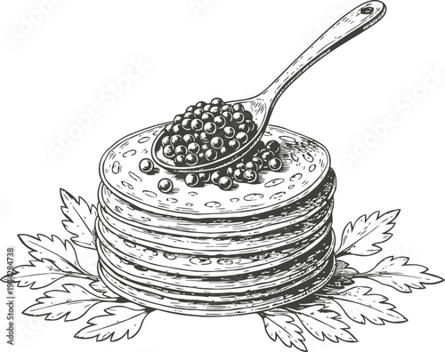 Stack of pancakes with spoon and caviar on decorative leaves vintage hand drawn breakfast food illustration
