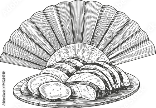 sliced turkey breast on a plate with decorative fan, detailed vintage line art illustration
