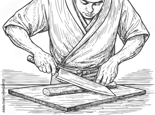 Chef cutting sausage on wooden board cooking preparation, kitchen utensil, slicing meat detail