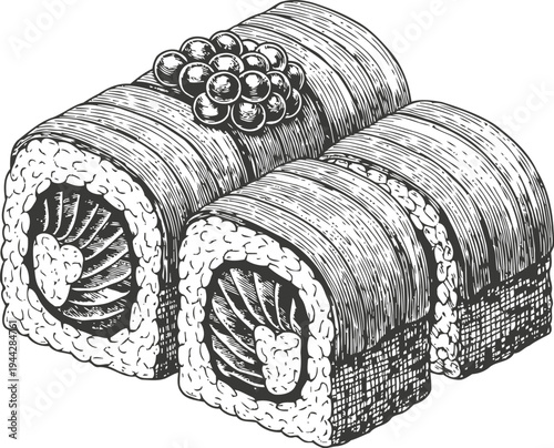 Two detailed sushi rolls with fish and roe garnish, japanese traditional cuisine illustration
