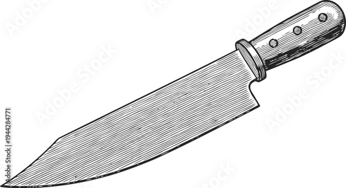 Vintage kitchen knife illustration with wooden handle and sharp blade engraving