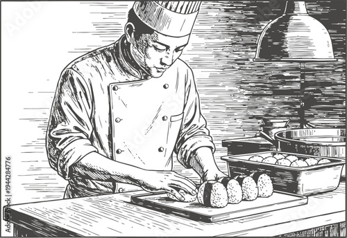 Chef preparing rice balls in professional kitchen with trays and heat lamp overhead