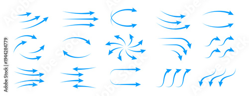 Set of light blue vector arrow icons illustrating air flow, wind direction, or water currents vector elements
