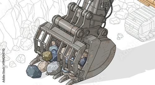 Close-up of a heavy-duty excavator bucket filled with various rocks and debris.