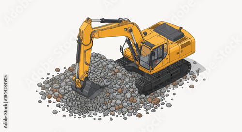 Heavy duty yellow excavator digging into a pile of rocks.