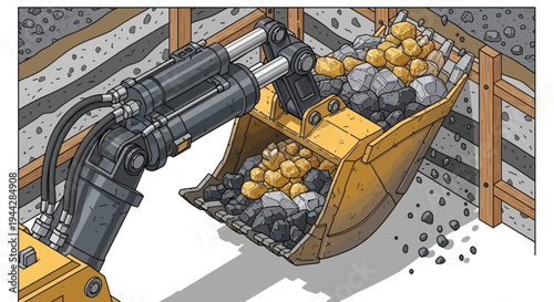 Heavy Excavator Digging for Gold and Coal in Mine.