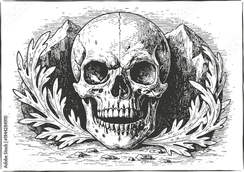 Detailed vintage skull illustration with laurel wreath and mountain background, monochrome art