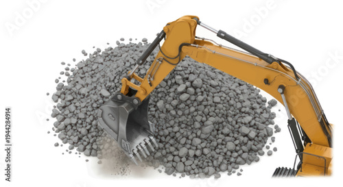 Heavy Excavator Digging into a Pile of Crushed Stone Material.