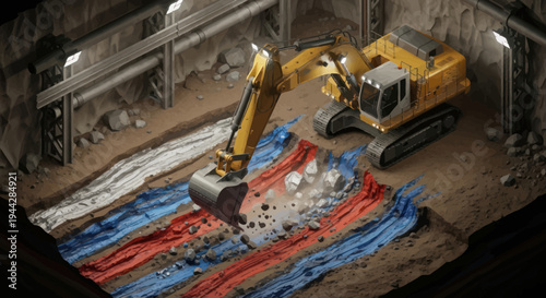 Heavy Excavator Digging into Colorful Digital Data Strata.