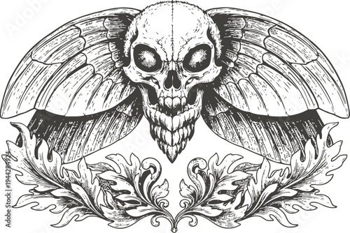 Skull with moth wings and ornate floral design dark gothic vintage tattoo illustration