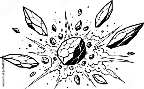 Rock fragments explode with dust and debris