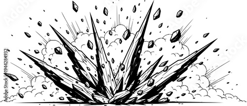 Rock fragments explode with dust and debris