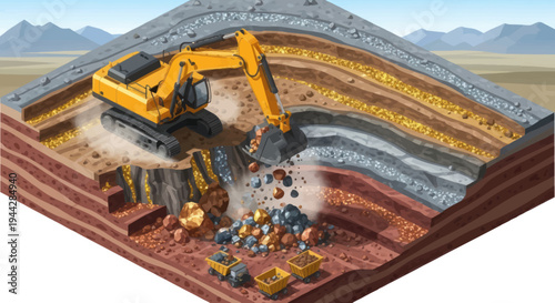 Heavy Excavator Digging into Layered Earth for Mineral Extraction.