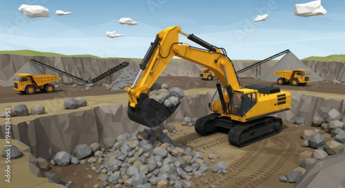 Heavy Yellow Excavator Digging Rocks at Construction Site.