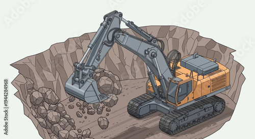 Heavy-duty excavator digging a large pit at a construction site.