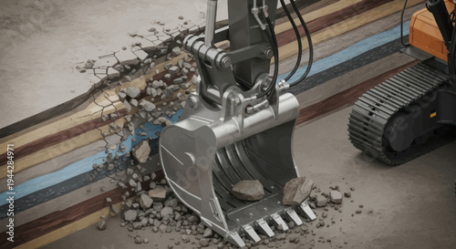 Heavy-duty excavator bucket digging into layered earth at construction site.