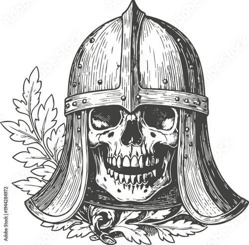 Medieval skull wearing detailed helmet with decorative foliage engraving engraving black and white illustration