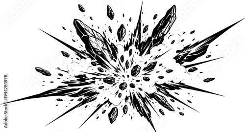 Rock fragments explode with dust and debris