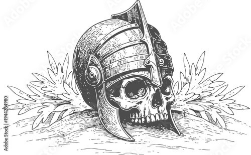 Ancient gladiator helmet resting on a human skull with leaves background vintage illustration