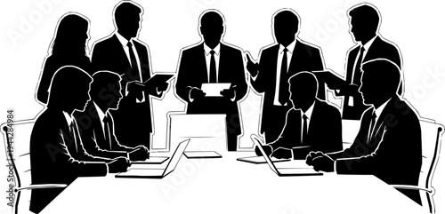 Business team in silhouette, dark outline, staff meeting, cut out transparent