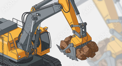 Heavy-Duty Excavator Digging Earth on Construction Site.