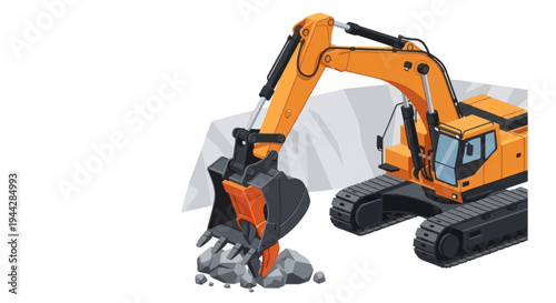 Heavy-duty orange excavator with hydraulic breaker attachment working on construction site.