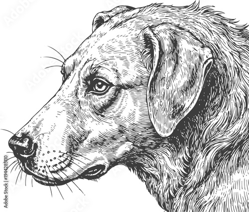 Detailed black and white sketch of a dog's head in profile, showing fur texture and attentive expression