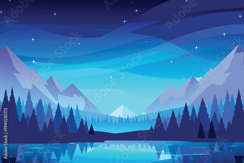 Mountain Landscape Reflection Night Sky Forest Lake Stars Aurora Illustration