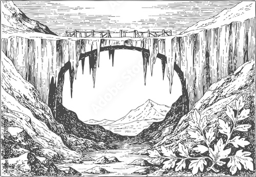 Natural rock arch bridge over rugged riverbed with mountain landscape and vegetation