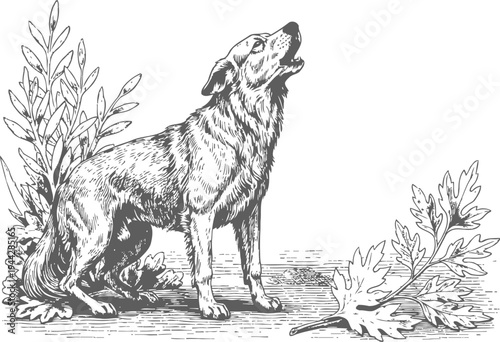 Howling wolf among branches and leaves wild animal in natural woodland environment vintage black and white ink drawing