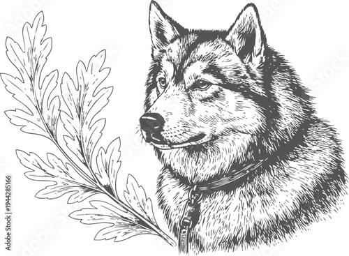 Detailed black and white illustration of a siberian husky dog portrait with oak leaves design