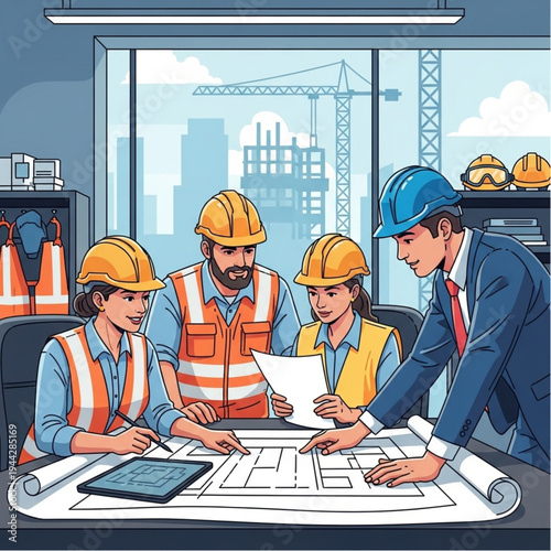 Construction Team Meeting with Architect Discussing Plans.