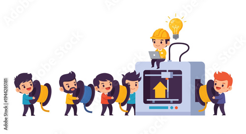 3D Printing Team Vector Illustration, Flat Design, for Technology and Innovation Projects