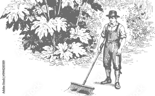 Gardener raking leaves in garden surrounded by large plants and flowers in vintage illustration