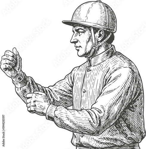 Vintage jockey illustration, horse racing rider in helmet and silks preparing for race start