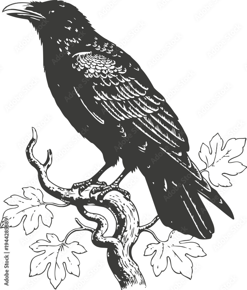 Fototapeta premium Black raven perched on twisted branch with leaves, detailed vintage bird illustration