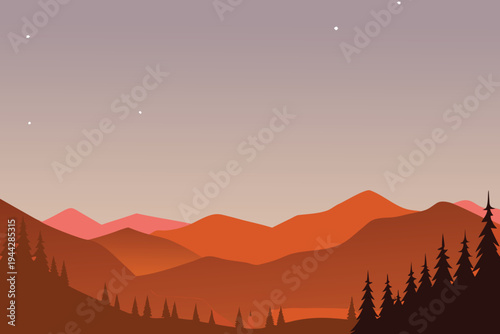 Mountain Landscape Silhouette with Pine Trees and Stars at Dusk Minimalist Vector Art