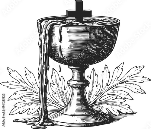Religious chalice with flowing liquid and cross symbol, sacred ritual cup with decorative leaves