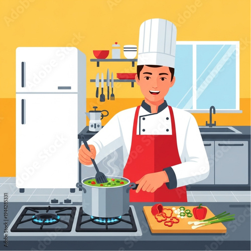 Cartoon Chef Cooking in Modern Kitchen.