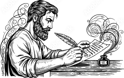 Penmanship artwork of a bearded man writing with ink and quill.