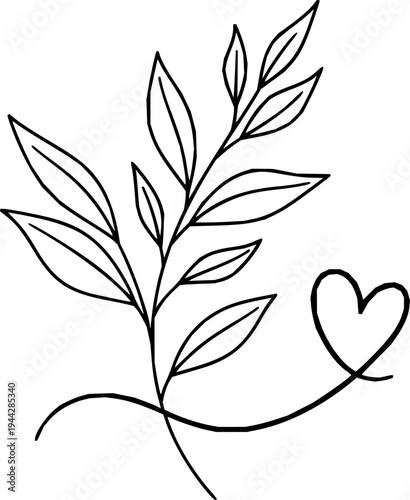 Minimalist black line art of a delicate flower stem with leaves and a looping tendril ending in a heart shape
